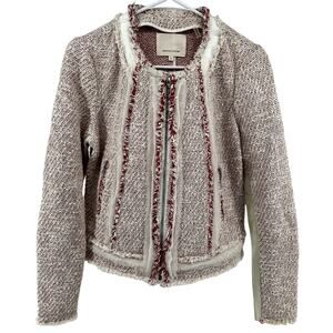 Rebecca Taylor Tweed Fringe Moto Jacket Full Zip Cotton Modern Round Neck Pink 6